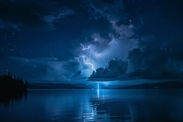 Intense lightning at night, above water. - obrazy, fototapety, plakaty