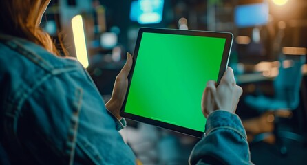 A woman is using a greenscreen tablet with a fun gesture of pointing her finger. She is displaying the gadget to a crowd at a leisure event, sharing the screen with others