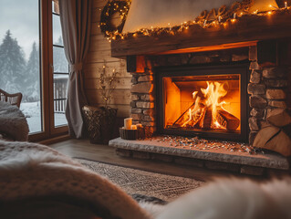 A warm cozy fireplace on a winter evening with real wood burning - obrazy, fototapety, plakaty