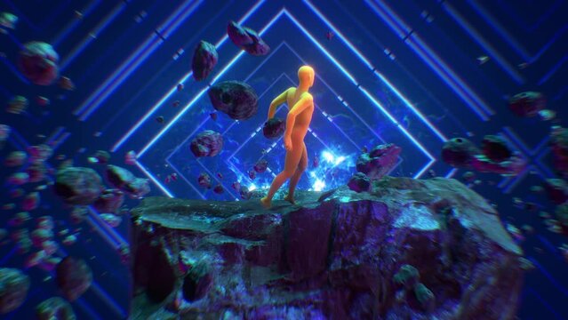 A surreal abstract looping sequence featuring a figure in a bright orange skin tight suit dancing on a floating rock formation, with meteors and pulsating neon lights.