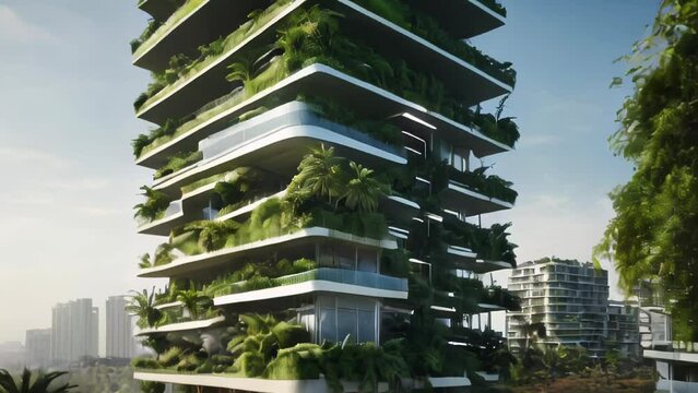 Lush greenery blankets towering skyscrapers in this futuristic urban landscape. 