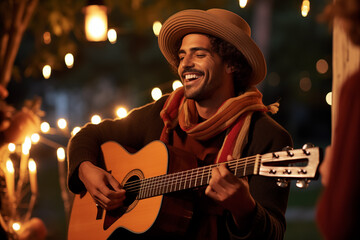 Obraz premium Happy mexican man in hat playing guitar during holiday outdoors, generative AI