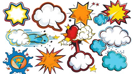 Cartoon comic sign burst clouds. Speech bubble, boom sign expression and pop art text frames. Comics mem expressions speech, superhero book bubbles label. Isolated vector symbols set - obrazy, fototapety, plakaty