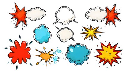 Cartoon comic sign burst clouds. Speech bubble, boom sign expression and pop art text frames. Comics mem expressions speech, superhero book bubbles label. Isolated vector symbols set