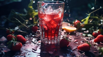 Berry juice in a beautifully decorated broken glass is placed on the table.