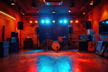 Music rehearsal room with drum kit and musical instruments and equipment - obrazy, fototapety, plakaty