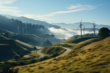 Wind Turbines and Winding Road on Hillside