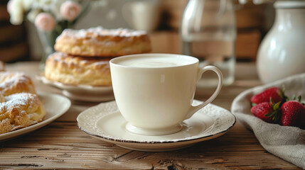 A cup of milk on a wooden table with pastries and berries.