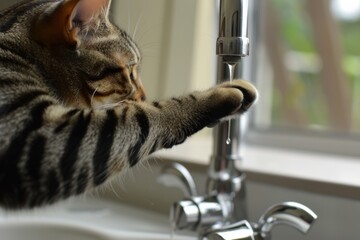 Cat Playing With Faucet in Sink