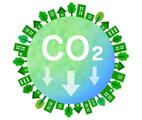 CO2削減　地球環境　エコ　エコロジー　素材　イメージ　サスティナブル　カーボンニュートラル　脱炭素　クリーン　世界　新緑　文字　矢印　挿絵　白背景　白バック　透過