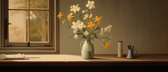 Desk by the window with a flower vase.