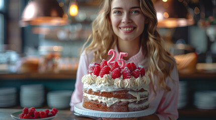 Portrait of a young woman with a cake decorated with the number 25.