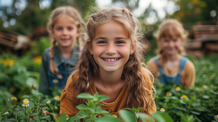 Three young girls are smiling and posing in a field of flowers