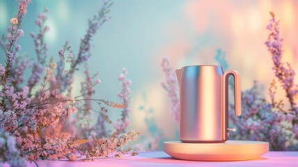 a product podium adorned with a delicate metallic kettle inspired by Dieter Rams, set amidst a garden scene with soft pastel colors and a blurred bokeh background.
