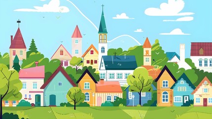 Cartoon town city village skyline vector illustration - obrazy, fototapety, plakaty