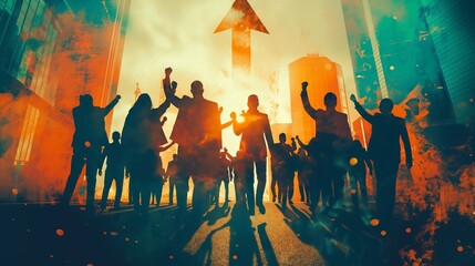 Business people celebrate success with an upward arrow showing progress, in the style of silhouette graphic, teamwork achievement