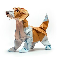 A paper origami dog standing on a white surface.