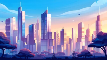 Cityscape with tall skyscrapers, office buildings and trees. Business district of the city. Modern city buildings. - obrazy, fototapety, plakaty