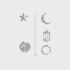 Decor Items: Gray,Silver color decor Item
s, moon,star, circles and chains, isolated on white background