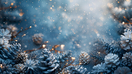 Frosty blue and silver-themed background embodies the enchantment of Christmas, with glistening snowflakes, twinkling fairy lights, and cozy holiday wreaths