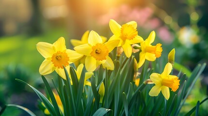 Close up of yellow narcissus flowers freshly bloomed in an outdoor flowerbed - obrazy, fototapety, plakaty
