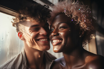 Multiethnic young couple enjoying their time together, they embracing and smiling, generative AI