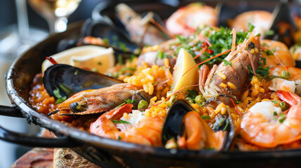 traditional Spanish Paella with seafood - obrazy, fototapety, plakaty