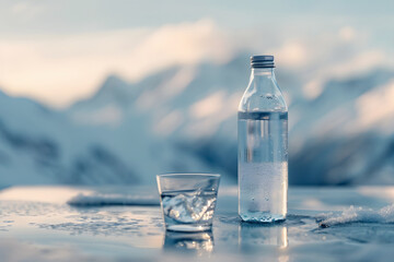 Erfrischendes Mineralwasser in der Natur vor verschneiten Bergen