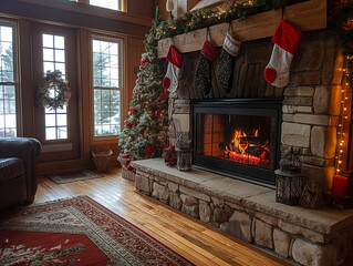 Christmas interior with fireplace and Christmas tree