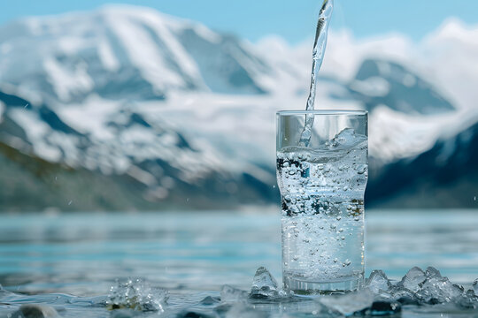 Erfrischendes Mineralwasser in der Natur vor verschneiten Bergen