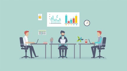 Businesspeople together in a room with financial charts background, flat cartoon illustration