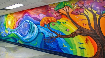 Mural depicting a tree against a rainbow backdrop, symbolizing hope and solidarity in ALS awareness