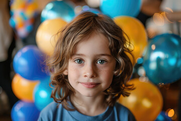Fototapeta na wymiar Portrait of a child on his birthday in the photo zone with balloons