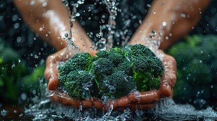 A pair of hands vigorously washing a fresh broccoli head under a splash of water, showcasing cleanliness and freshness