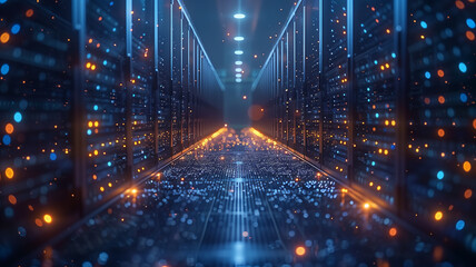 A computer server room with a blue and orange glow - obrazy, fototapety, plakaty