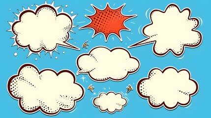 Fototapeta premium Collection of empty comic speech bubbles with halftone shadows. Hand drawn retro cartoon stickers. Pop art style.
