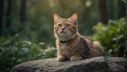 Fototapeta premium A beautiful cat is sitting on a rock in the forest