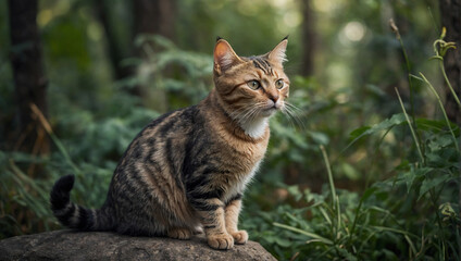 Naklejka na ściany i meble A beautiful cat is sitting on a rock in the forest