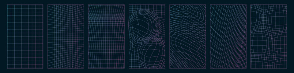 Set of perspective and distorted neon grid patterns. Retrowave, synthwave, rave, vaporwave Blue and purple colors. Trendy retro 1980s, 1990s style. Linear gradient vector illustration. - obrazy, fototapety, plakaty