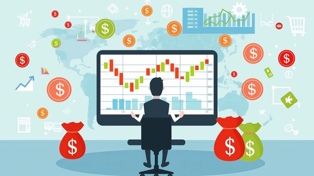 A trader looking at stocks market trading graph chart on a computer screen.  Technical analysis candlestick chart. Global stock exchanges. Trading strategy illustration in flat style