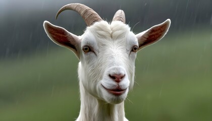 A Goat With Its Fur Slicked Back From The Rain