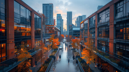 Busy City Street With Tall Buildings and Pedestrians