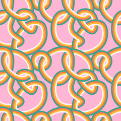 Retro 60s-70s style rainbow seamless pattern with pastel color stripes. Tangled loops cartoon background. Flat vector illustration,