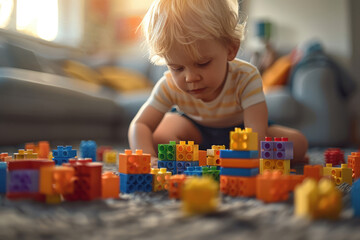 Child playing with colorful toy blocks constructor