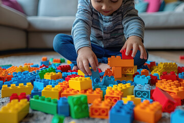 Child playing with colorful toy blocks constructor