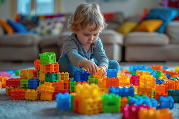 Child plays with construction bricks on the floor in the room