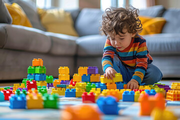 Child plays with plastic bricks on the floor in the room
