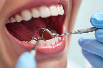 Dentist examines teeth in patient's open mouth
