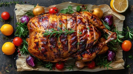 a fresh turkey thigh on parchment paper, fresh ingredients primed for cooking, with the turkey thigh as the richly colored and textured centerpiece, leaving ample space for text. - obrazy, fototapety, plakaty