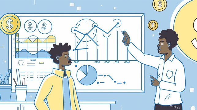 Two men with a trading economy statistics chart levels grow market analysis, trend finding, success or business investment, cartoon illustration, teaching and learning, explaining, master class course